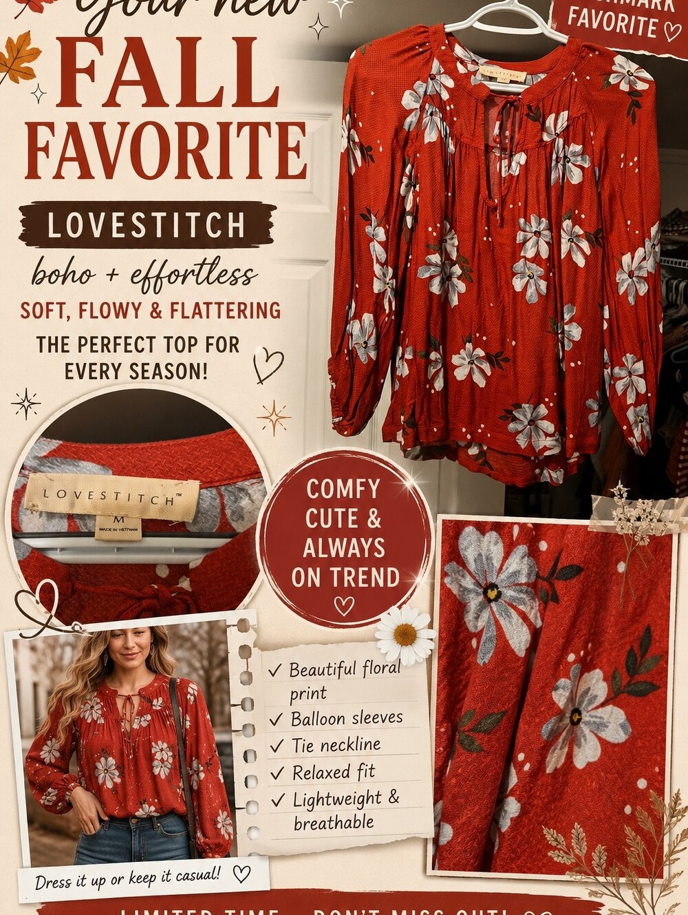 🌺Lovestitch Red Floral Boho Peasant Blouse Size Medium 🌺